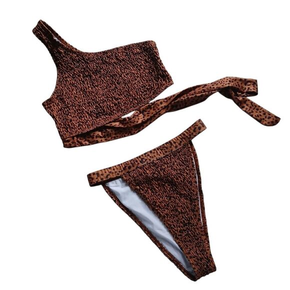 Missguided Tall High Leg Bikini Wrap Tie Style Crinkle Set Animal Print Size 6 - Picture 3 of 14